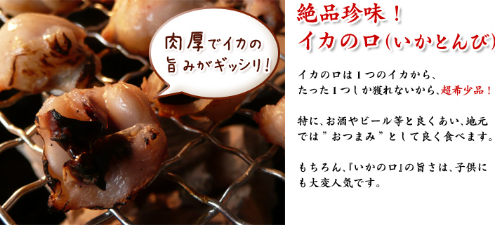絶品珍味！イカの口（いかとんび）イカの口は１つのイカから、たった１つしか獲れないから、超希少品！特に、お酒やビール等と良くあい、地元では”おつまみ”として良く食べます。もちろん、『いかの口』の旨さは、子供にも大変人気です。肉厚でイカの旨みがギッシリ！
